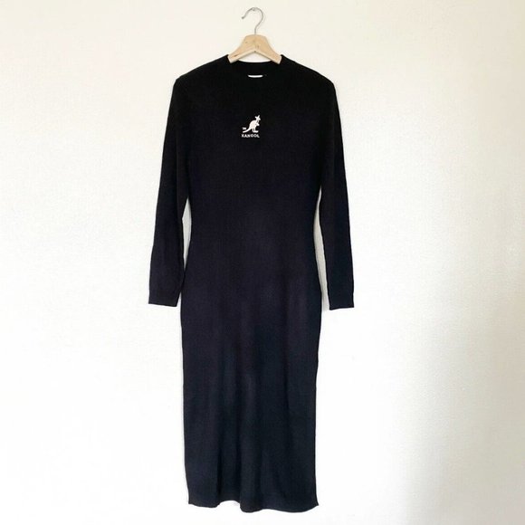 Kangol X H&M Womens L Black Long Sleeves Embroidered Ribbed Knit Bodycon Dress - Picture 8 of 13